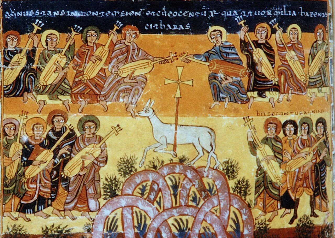 Chvála beránkovi. Folio 174v z Morgan Beatus. 925 968. Wikimedia Commons Maius CC BY SA PD old