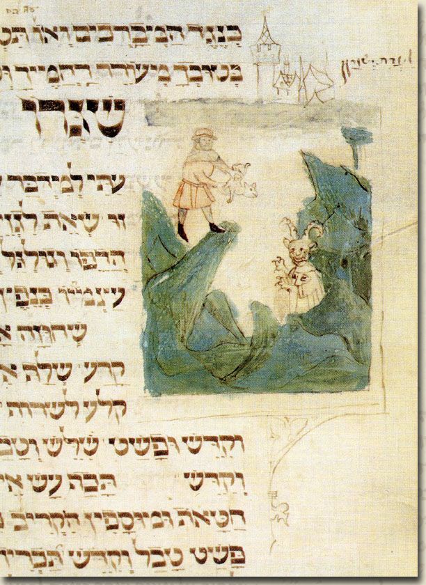 Kozel obětovaný za hřích v Den smíření je házen do podzemí na hoře Azazel. Ilustrace neznámého autora v rukopisu ze 14. stol. Wikimedia Commons CC BY SA PD old