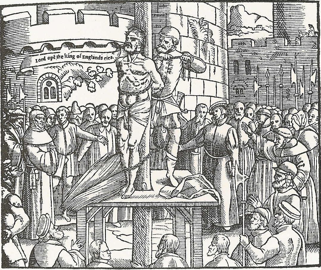 Poprava překladatele Bible Williama Tyndalea uškrcením a upálením 1536. John Foxe Wikimedia Commons CC BY SA PD old