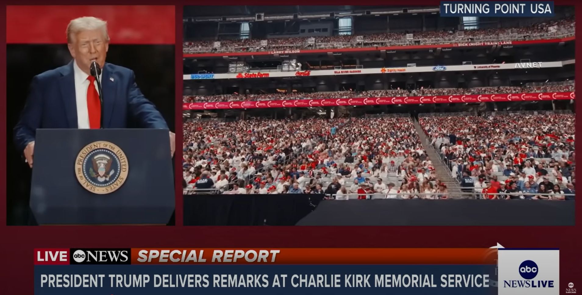 Prezident Donald J Trump mluví na vzpomínkovém setkání na Charlieho Kirka. Z YT videa vRHwDIvEQxrs