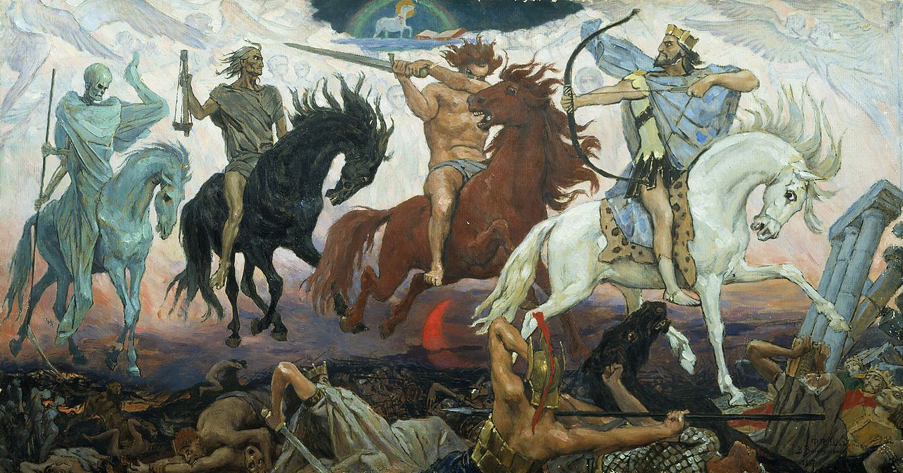 Viktor Vasnetsov Jezdci na koních ze Zjevení. Olej na plátně 1887. Wikimedia Commons CC BY SA PD art