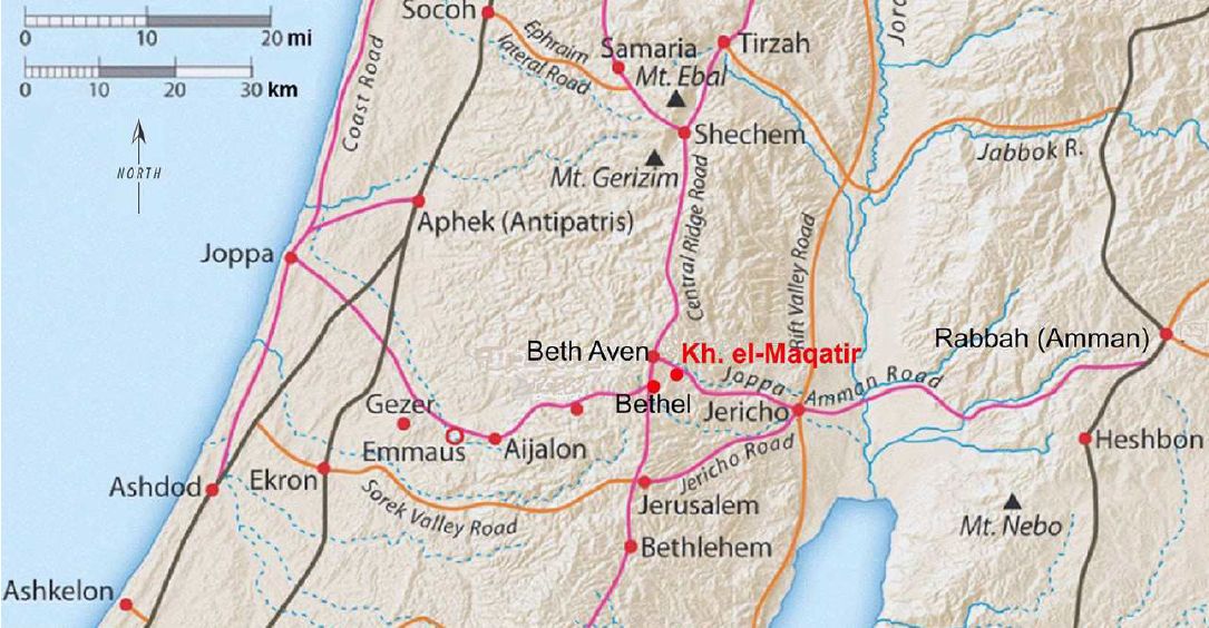 Khirbet el Maqatir na mapě Kenaanu doby bronzové. Z práce B.Wood 2016