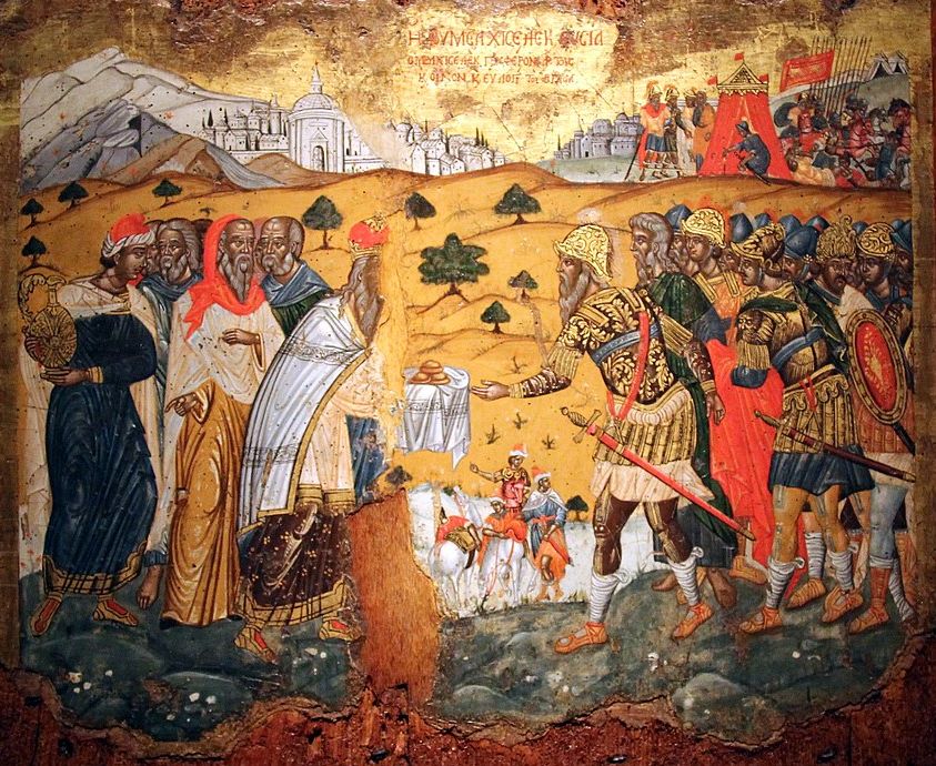 Setkání Melchísedeka s Abrahamem na ikoně z 18. století. Wikimedia Commons Tilemahos Efthimiadis CC BY SA PD 2.0