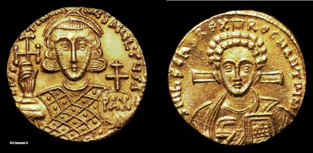 Justinián II. vlevo, Ježíš vpravo, solidus z 2. období Justiniánovy vlády